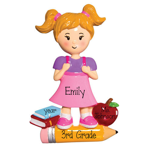 SCHOOL GIRL WITH BOOKS, APPLE AND PENCIL AND PIGTAILS / MY PERSONALIZED ORNAMENTS