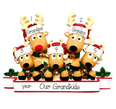 Reindeer Grandparents with 3 Grandkids~Personalized Ornament