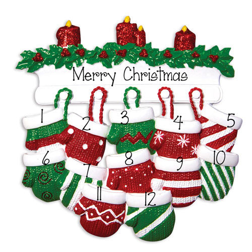 Family of 12 Mittens~Personalized Christmas Ornament
