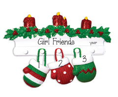 3 FRIENDS RED AND GREEN MITTENS ORNAMENT, personalized christmas ornament