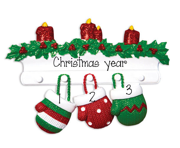 Family of 3 MITTENS - Personalized Christmas Ornament