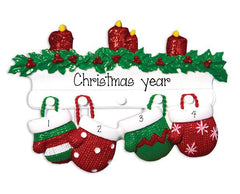 FAMILY OF 4 RED AND GREEN MITTENS / MY PERSONALIZED ORNAMENTS
