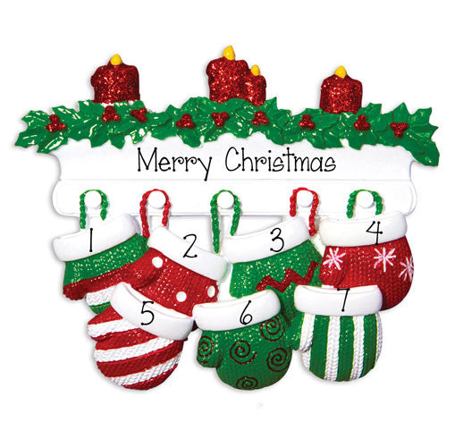 Family of 7 Red & Green Mittens - Ornament