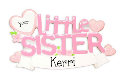Little Sister with Pink Glitter Hearts - Personalized Christmas Ornament