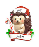 Hedge Hog with a candy cane and santa hat personalized ornament