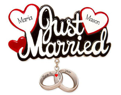 Just Married with two hearts trimmed in Red and rings dangling ~ Personalized Christmas OrnamentJust married with 2 ~ Personalized Christmas Ornament