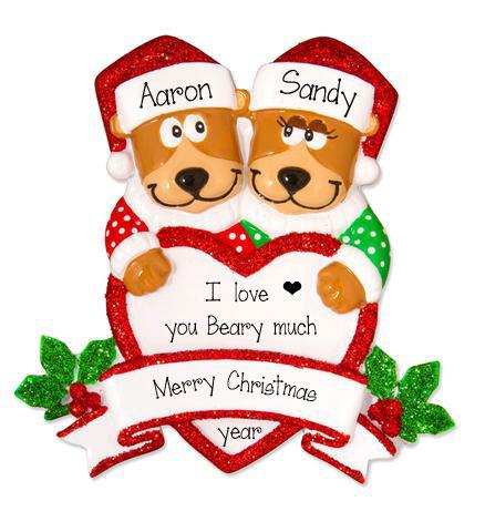 Brown Bear Couple Trimmed in Red Glitter~ Personalized Christmas Ornament