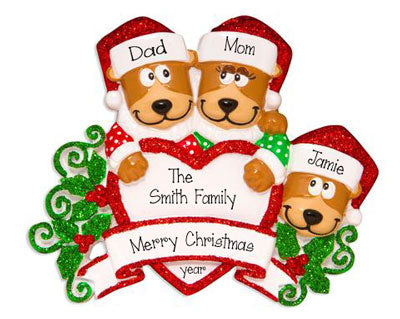 Family of 3 Brown Bears with Red Glitter Trimmed Heart and Santa Hats ~ Personalized Christmas Ornament