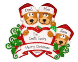 Family of 3 Brown Bears with Red Glitter Trimmed Heart and Santa Hats ~ Personalized Christmas Ornament