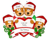 Family of 4 Brown Bears with Red Glitter Trimmed Heart and Santa Hats ~ Personalized Christmas Ornament