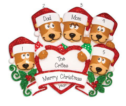 Family of 5 Brown Bears with Red Glitter Trimmed Heart and Santa Hats~Personalized Christmas Ornament