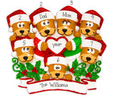Family of 7 Brown Bears with Red Glitter Trimmed Heart and Santa Hats~Personalized Christmas Ornament