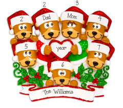 Family of 7 Brown Bears with Red Glitter Trimmed Heart and Santa Hats~Personalized Christmas Ornament