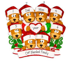 Family of 8 Brown Bears with Red Glitter Trimmed Heart and Santa Hats~Personalized Christmas Ornament