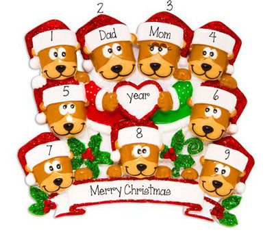 Family of 9~Brown Bears~Personalized Christmas Ornament