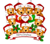 Family of 9 Brown Bears with Red Glitter Trimmed Heart and Santa Hats~Personalized Christmas Ornament