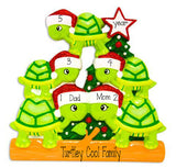 Family of 5 Green Turtles with Red Glitter Santa Hats ~ Personalized Christmas Ornament
