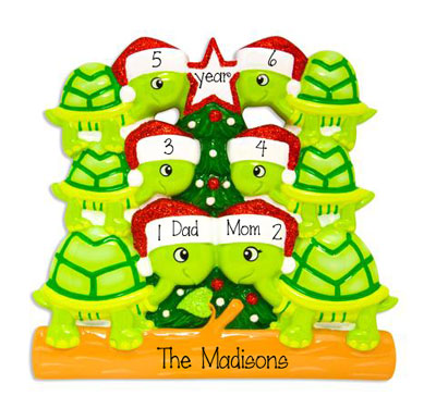 Family of 6~Green Turtles~Personalized Christmas Ornament