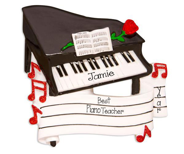 Grand Piano with a Red Glitter Rose - Personalized Ornament