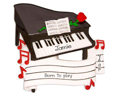 Grand Piano with a Red Glitter Rose - Personalized Christmas Ornament