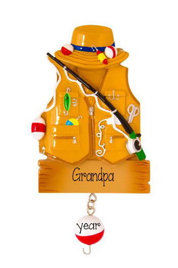 Fishing vest with a Hat and Fishing pole - Personalized Christmas Ornament