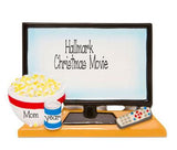 Big Screen TV for movie night with a bowl of Pop Corn and a Drink - Personalized Christmas Ornament