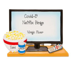 Big Screen TV for movie night with a bowl of Pop Corn and a Drink - Personalized Christmas Ornament