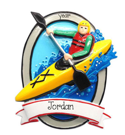 Yellow Kayak on the water with a person holding oars -personalized ornament