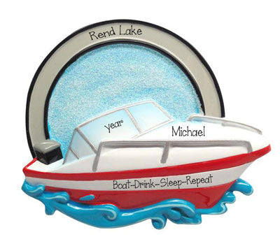 Red and White Boat on the water-Personalized Ornament
