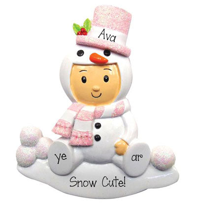 Baby Girl Snowman with Pink glitter Top Hat-Personalized Ornament