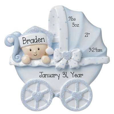 Blue Baby Stroller Ornament~Baby's 1st Christmas Ornament~Baby Boy Ornament~Christmas Ornament~Hand Personalized~Baby Ornament