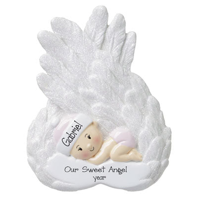 Memorial Baby Girl Wrapped in Glittered Wings-Personalized Ornament