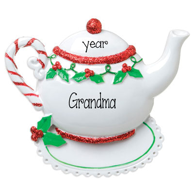 Grandma's Red Glitter Tea Pot is sitting on a Doily- Personalized Christmas Ornament