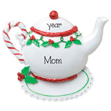 Mom's Red Glitter Tea Pot is sitting on a Doily- Personalized Christmas Ornament