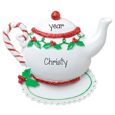 Red Glitter Tea Pot is sitting on a Doily- Personalized Christmas Ornament