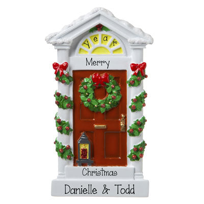 Red Door with Lantern and Green Wreath- personalized ornament