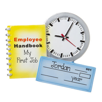 My First Job with employee handbook, check and time clock- personalized ornament