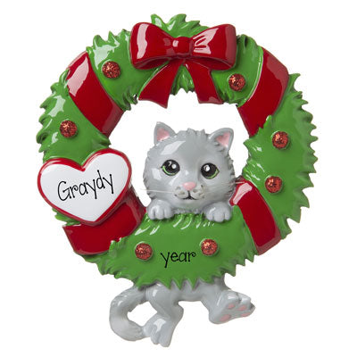 Gray Hanging on a Green Wreath with Red Glitter-personalized ornament