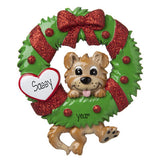 Tan Dog Hanging on a Green Wreath with Red Glitter-personalized ornament