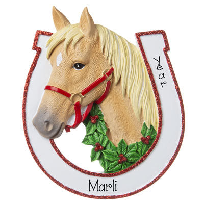 Tan Horse Head in a White Horse Shoe-Personalized Ornament