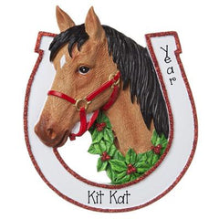 Brown Horse Head in a White Horse Shoe-Personalized Ornament