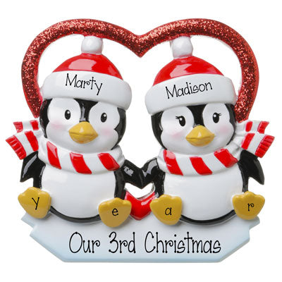 Penguin Couple in a Red Glittered Heart-Personalized Ornament