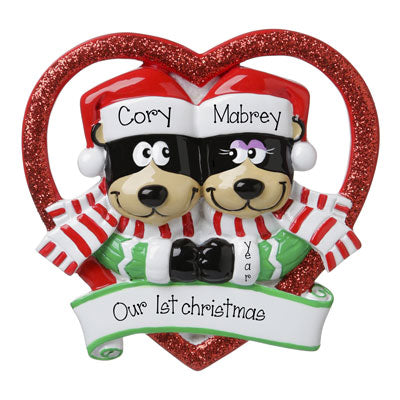 Our 1st Christmas-Black Bear Couple in a Red Glittered Heart-Personalized Ornament