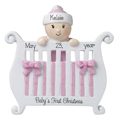 Baby Girl's 1st Christmas in Crib-Personalized Ornament