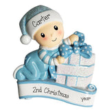 Little boy toddler unwrapping a white and pink glitter present-Personalized Ornament