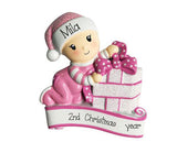 Baby Girl unwrapping a white and pink glitter present-Personalized Ornament