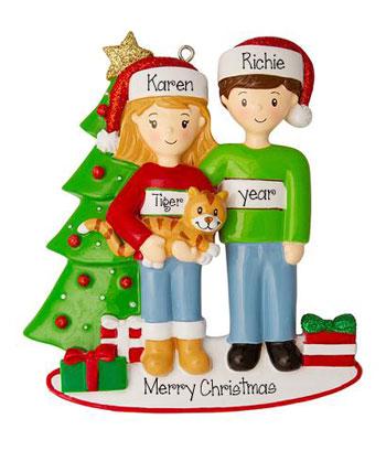 Couple with a Tabby cat in Front of Christmas Tree ~Personalized Christmas Ornament