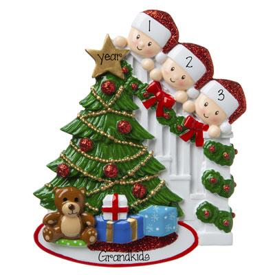 3 Grandkids peeking at the Christmas Tree-Personalized Ornament