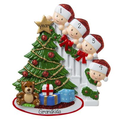 4 Grandkids- peeking at the Christmas Tree-Personalized Ornament