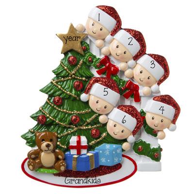 6 Grandkids-peeking at the Christmas Tree-Personalized Ornament